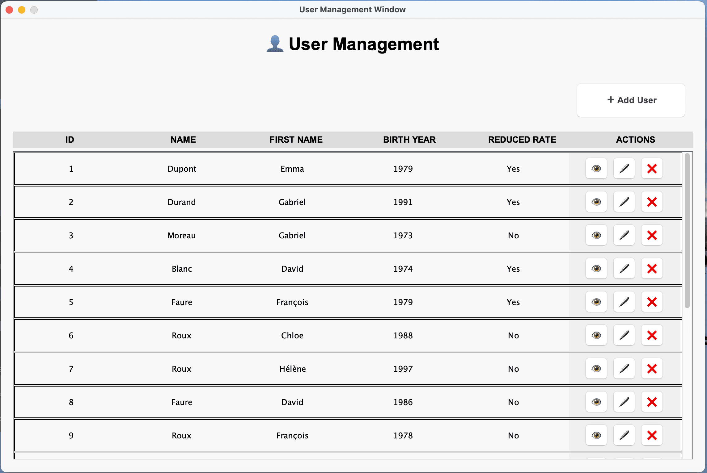 Liste des usagers avec actions rapides